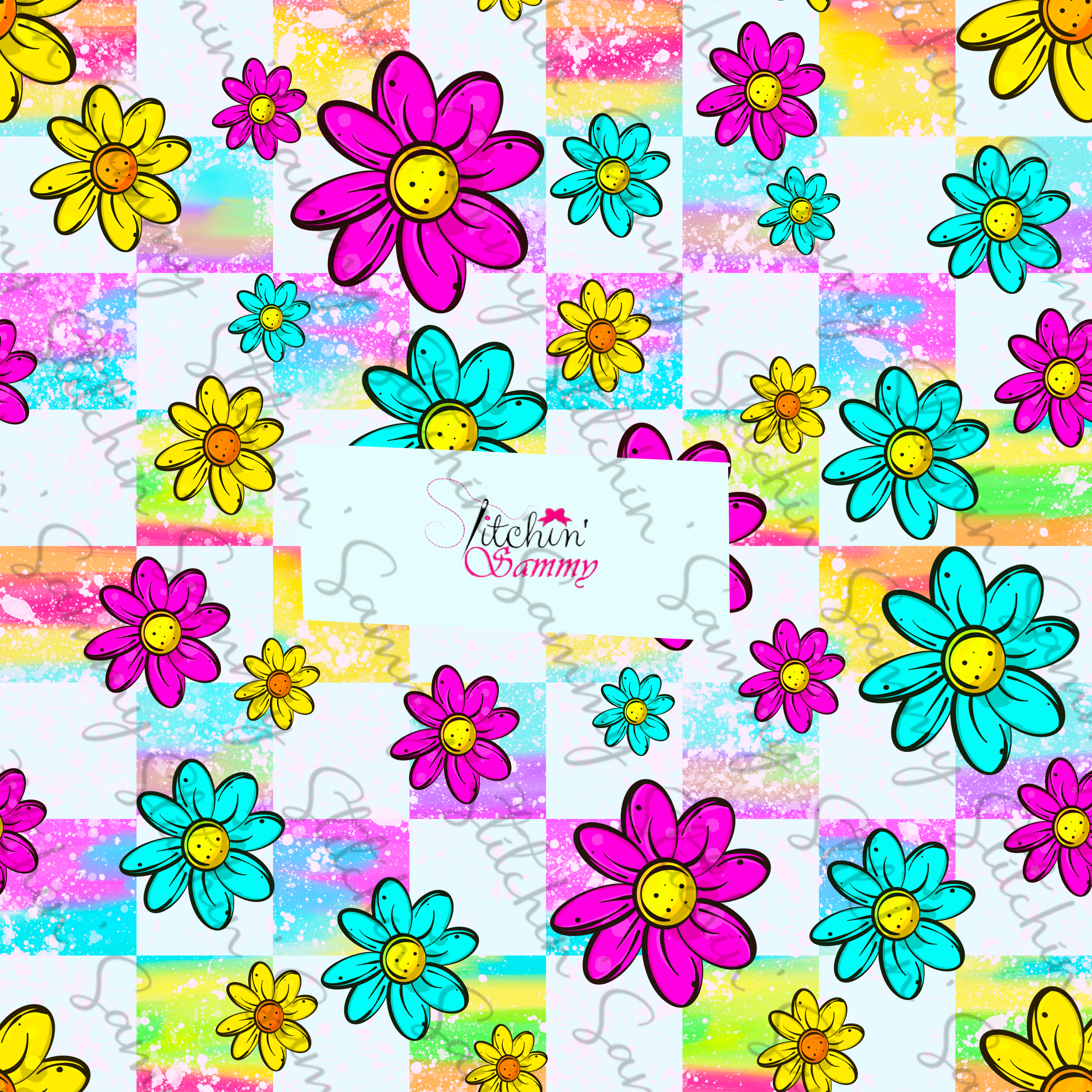 Rainbow Checker Floral Seamless