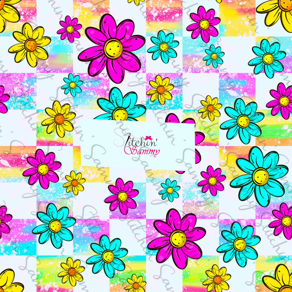 Rainbow Checker Floral Seamless